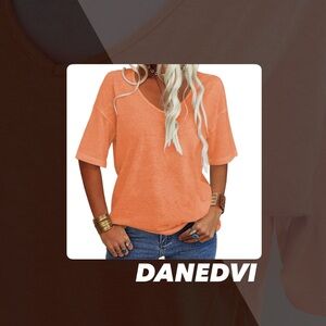 EUC Danedvi Orange V Neck Half Sleeve Tee Shirt